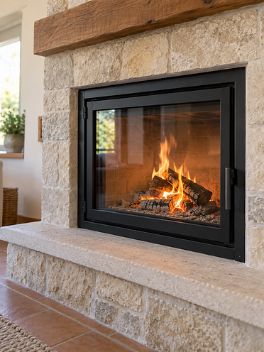 Termocamino in funzione con vetro ceramico trasparente