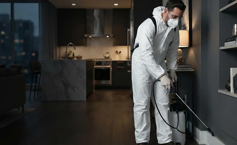 Técnico de control de plagas con traje de protección y mascarilla blanca