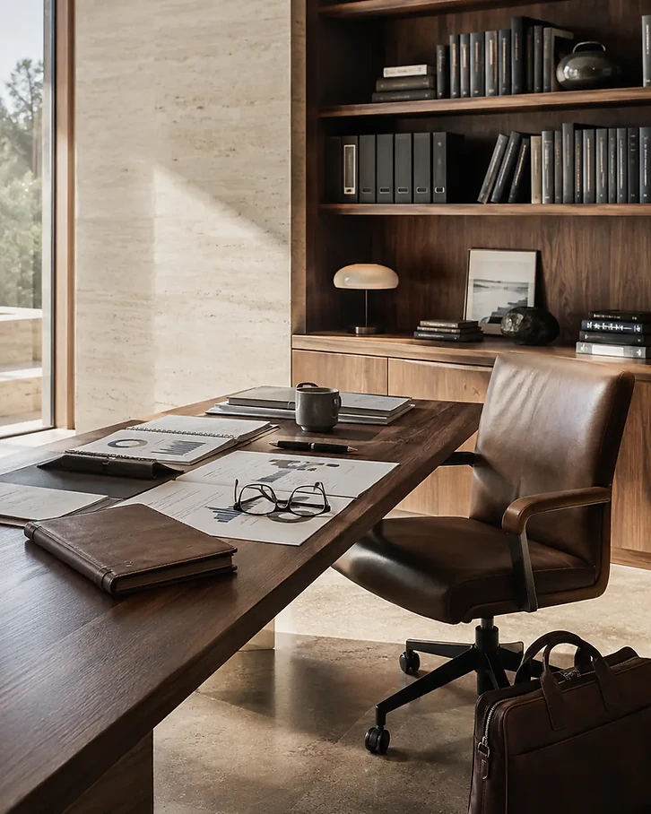 Stille klassieke studeerkamer met koperen bureaulamp en boeken