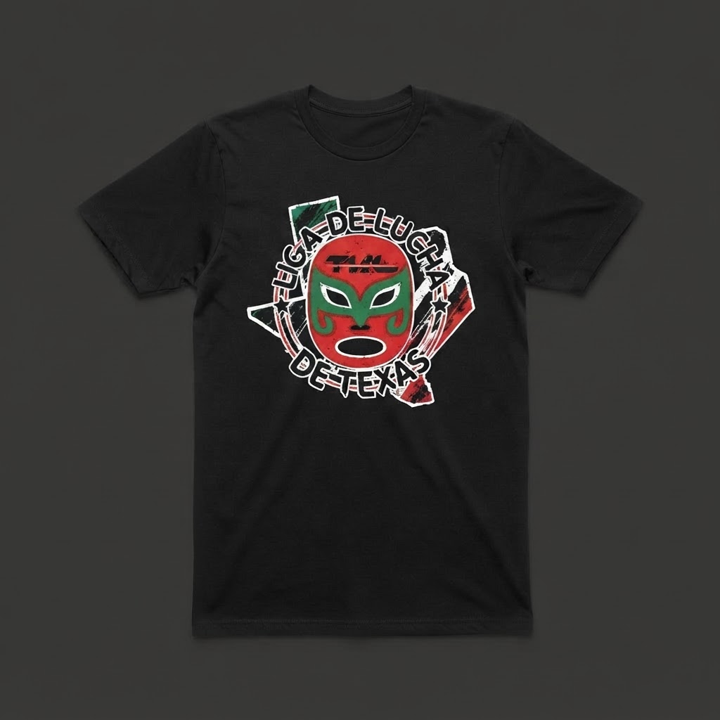 Liga de Lucha de Texas black t-shirt with Lucha mask and Texas outline