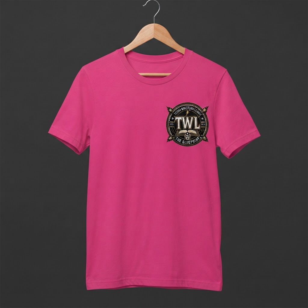 Hot pink TWL Blueprint t-shirt on a dark grey background