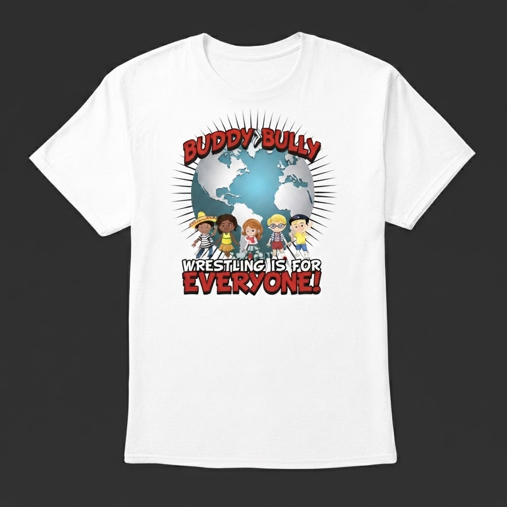 Buddy Bully white t-shirt with globe and children graphic