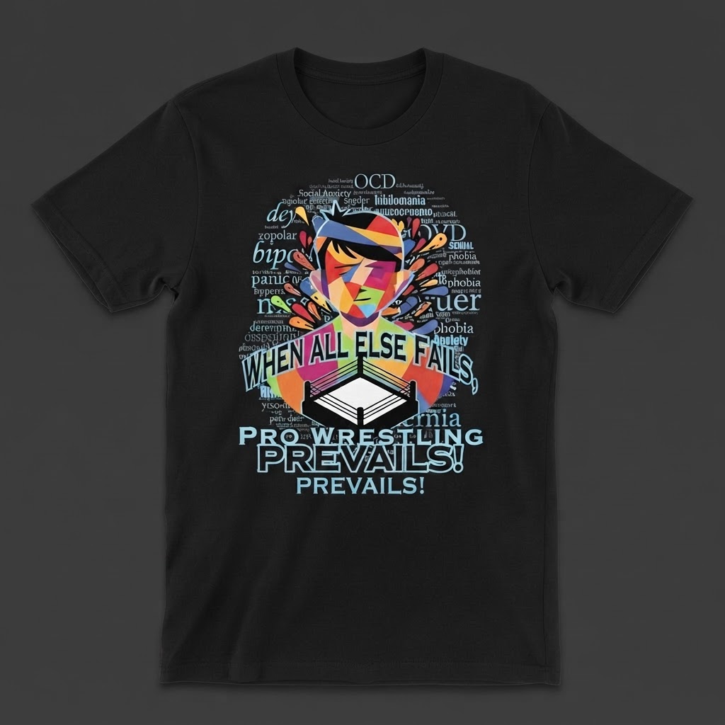 Pro Wrestling Prevails black t-shirt with colorful portrait and phobia word cloud