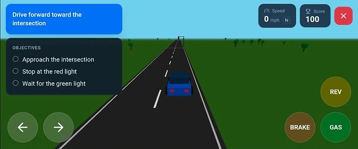 A LicenseSim lesson in progress: the road ahead with the instruction panel, the objectives list, and the speed, gear, and score readouts.