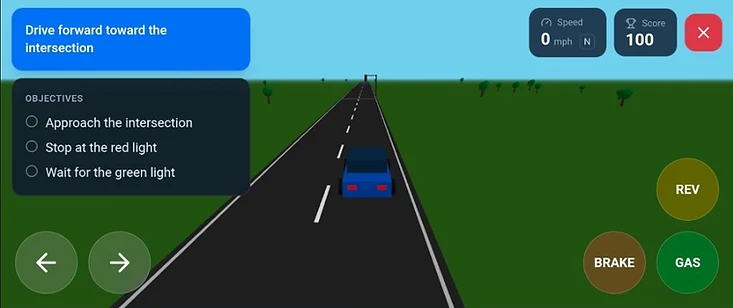 A LicenseSim lesson in progress: the road ahead with the instruction panel, the objectives list, and the speed, gear, and score readouts.