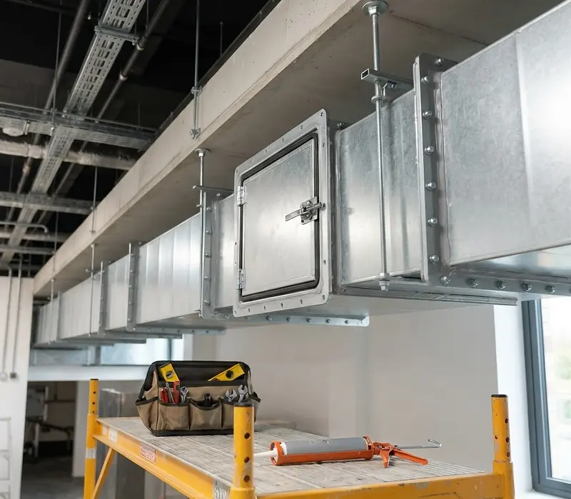 Galvanised kitchen extract ductwork being repaired and re-sealed