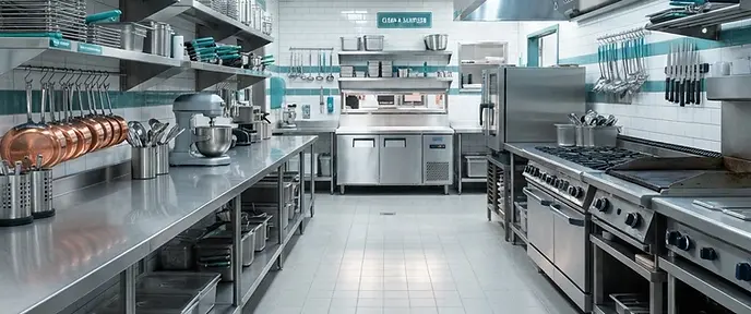 Commercial restaurant kitchen with ovens, fryers and worktops after a professional deep clean
