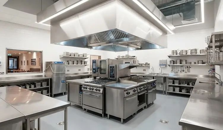 Very clean modern commercial kitchen with stainless steel extraction canopy
