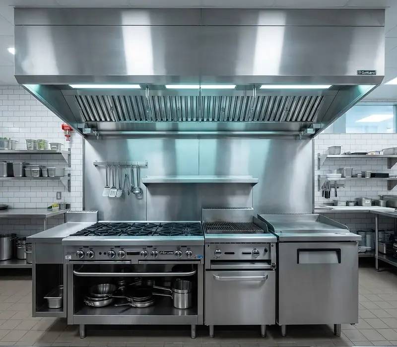 Stainless steel commercial kitchen extraction canopy and baffle filters cleaned to TR19 standard