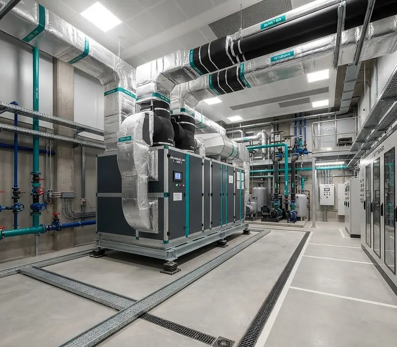 Rooftop air handling unit and ventilation ductwork on a commercial building