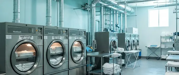 Commercial laundry tumble dryers with cleaned lint extract ductwork