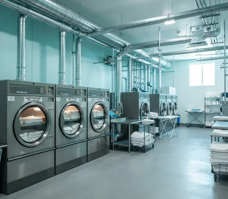 Commercial laundry tumble dryers with cleaned lint extract ductwork