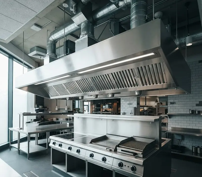 Stainless steel commercial kitchen extraction canopy and baffle filters cleaned to TR19 standard