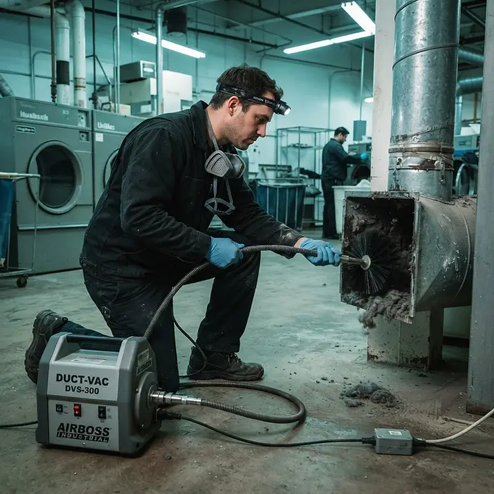 Engineer cleaning a commercial laundry extract duct