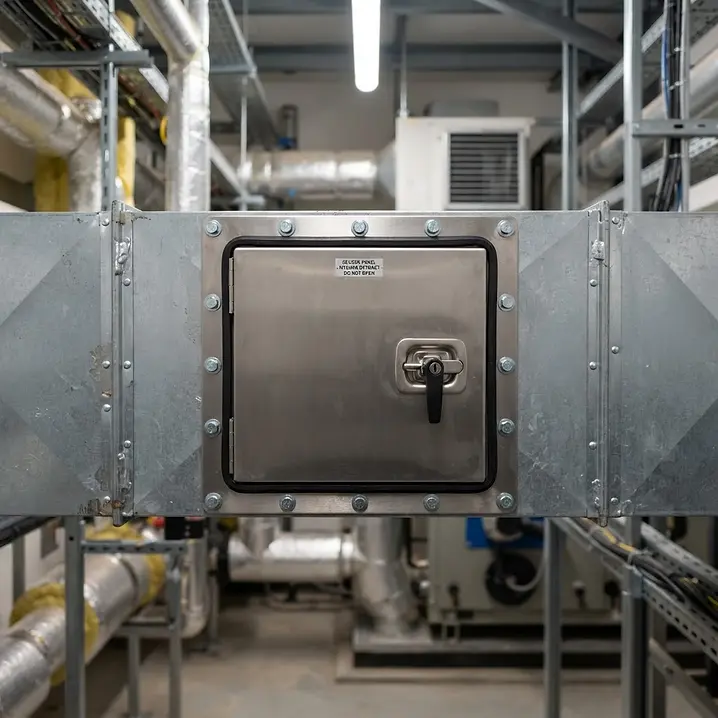 Stainless steel access panel installed on square galvanised kitchen extract ductwork