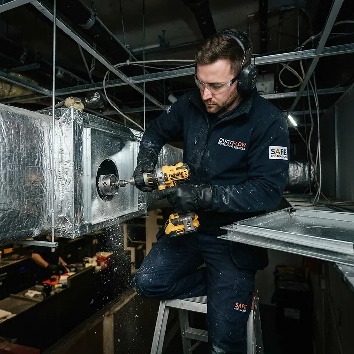 Ventilation engineer cutting and fitting an access panel into galvanised ductwork