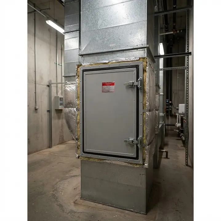 Fire rated insulated access door fitted to a vertical duct riser