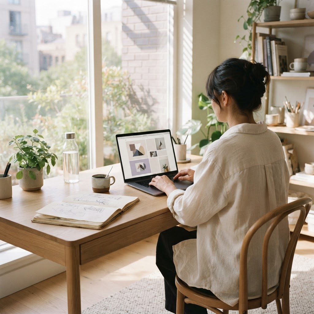 Website empresarial desatualizado num ambiente de trabalho criativo