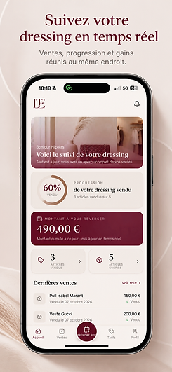 Espace client Les Trouvailles d'Éline sur téléphone : progression du dressing, montant à reverser et dernières ventes