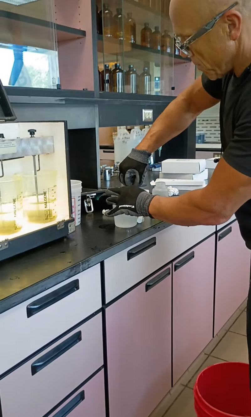 LaNova technician characterizing process water at the bench — the disciplined jar test behind every recommendation