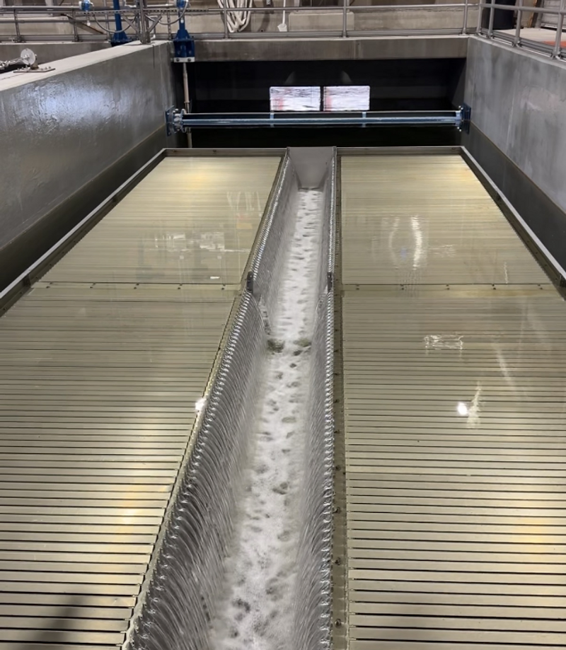 Industrial wastewater treatment facility — clarifier beds and collection channel