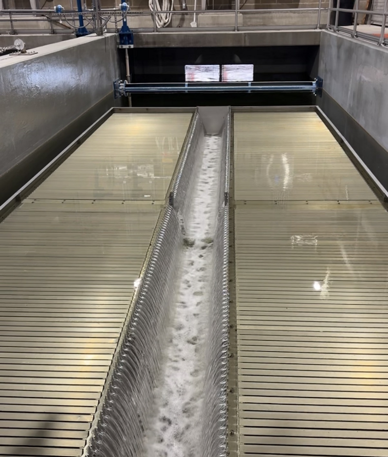 Industrial wastewater treatment facility — clarifier beds and collection channel