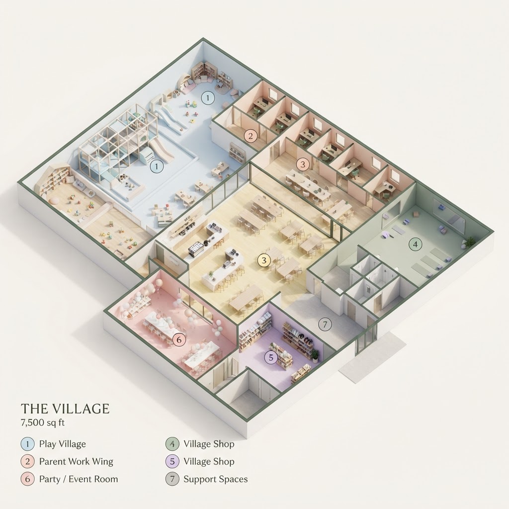 Top-down isometric floor plan of The Village