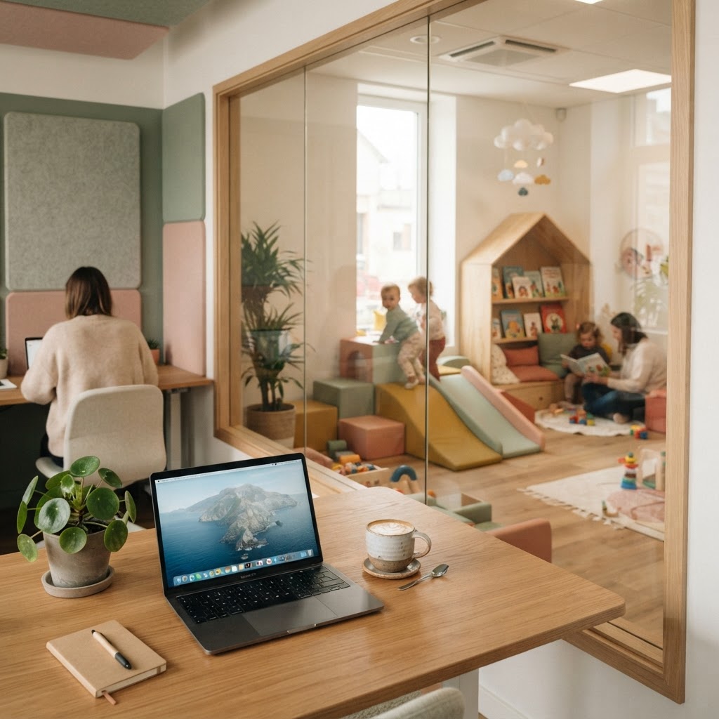 Workspace looking into the play area through one-way observation glass