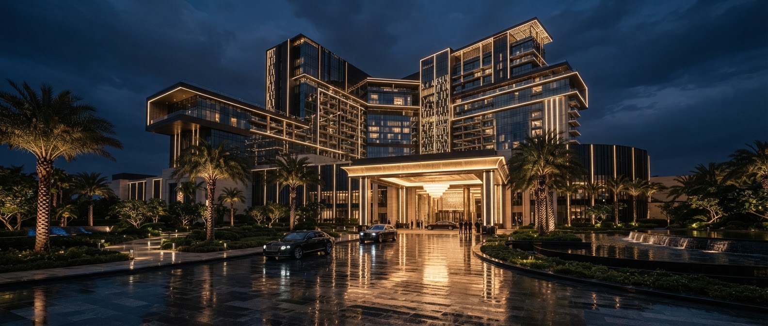 Hernandez Resort and Casino illuminated at twilight