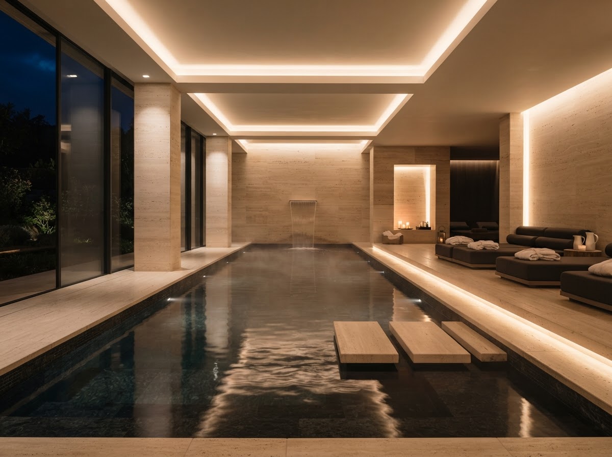 Serene spa pool in black stone and warm light