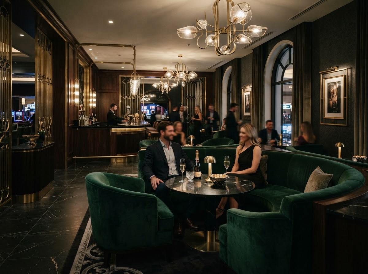 Exclusive VIP casino lounge with velvet seating