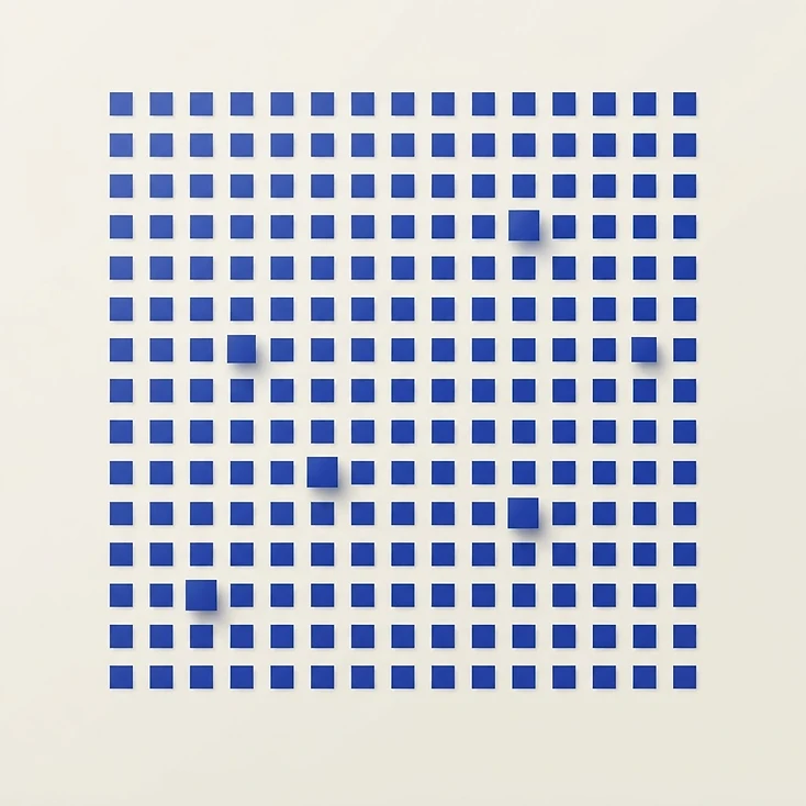 Composición geométrica abstracta con una retícula de rectángulos de la que solo unos pocos aparecen resaltados, evocando una selección por muestreo.