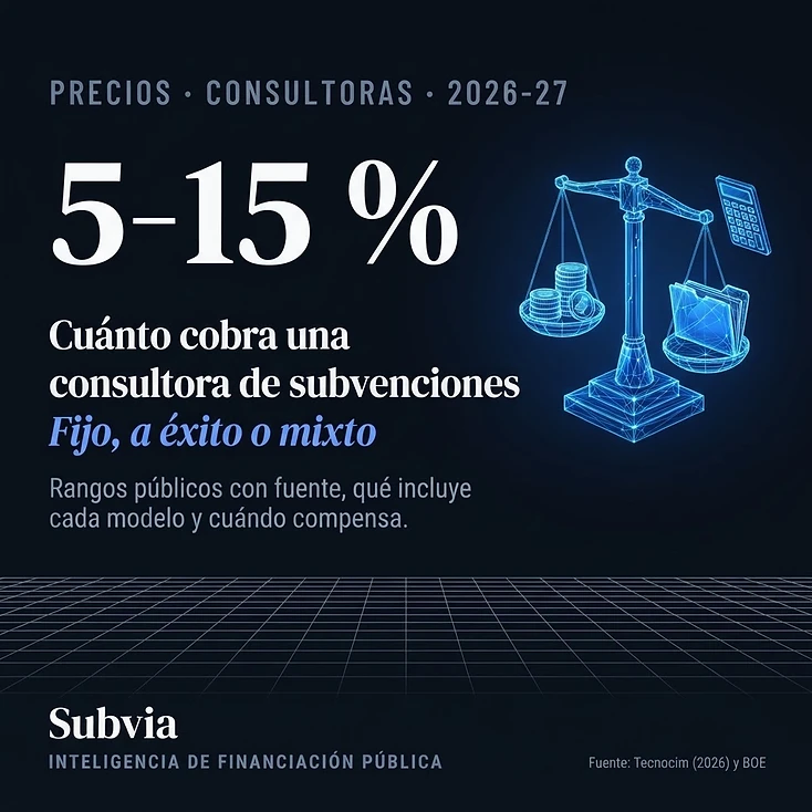 Balanza 3D en azul eléctrico con monedas y un expediente: cuánto cobra una consultora de subvenciones