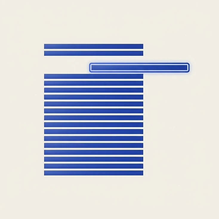 Composicion geometrica abstracta de rectangulos apilados con uno de ellos resaltado, como una revision por muestreo de documentos