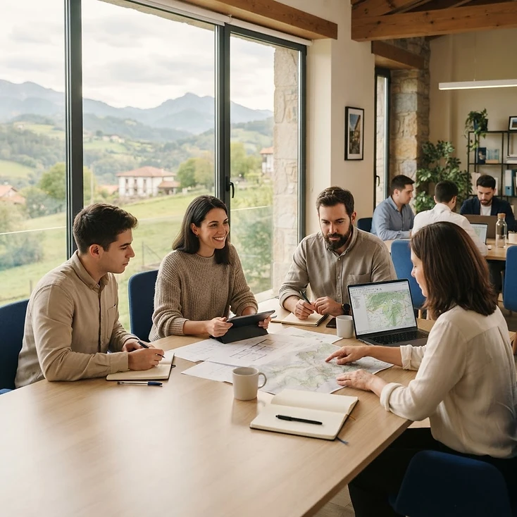 Fotografía de contexto: personas trabajando juntas en una oficina moderna.