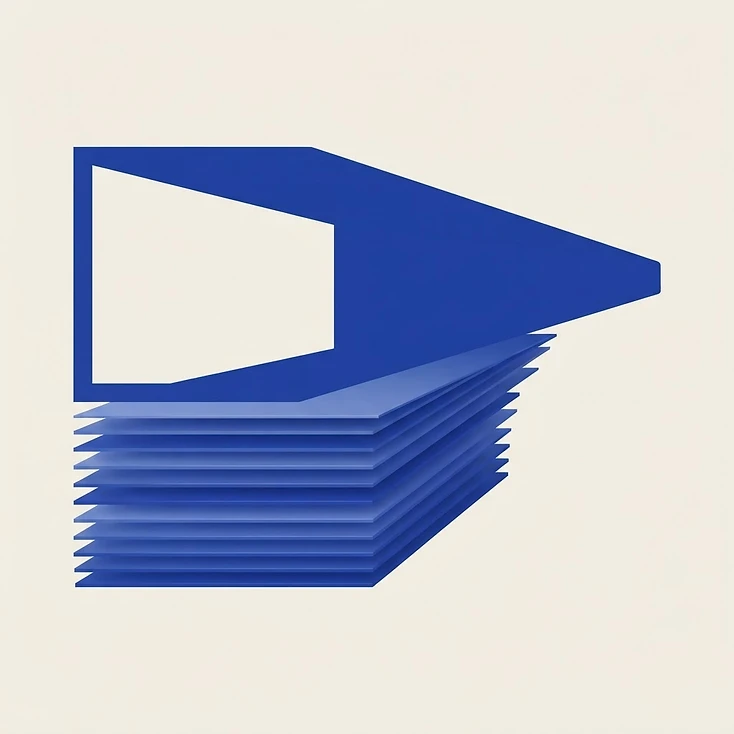 Ilustración abstracta de capas documentales archivadas bajo una abertura que se estrecha, como una ventana de revisión que se cierra.