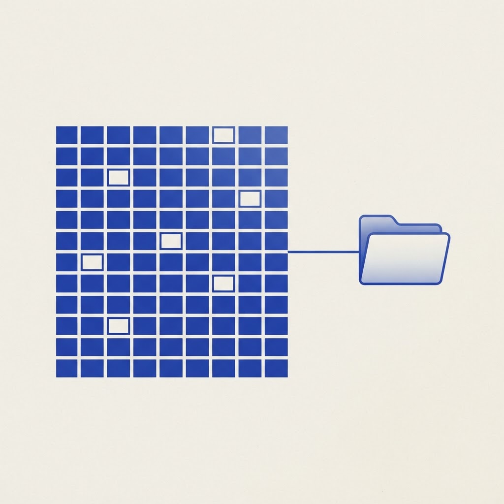 Retícula abstracta de celdas de datos en la que la mayoría aparecen rellenas y unas pocas quedan huecas, conectadas a una carpeta cerrada.
