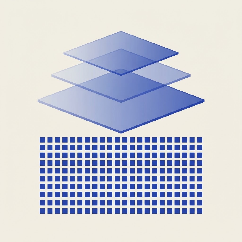 Composición geométrica de capas superpuestas que sugiere la lectura ordenada de un registro público de datos.