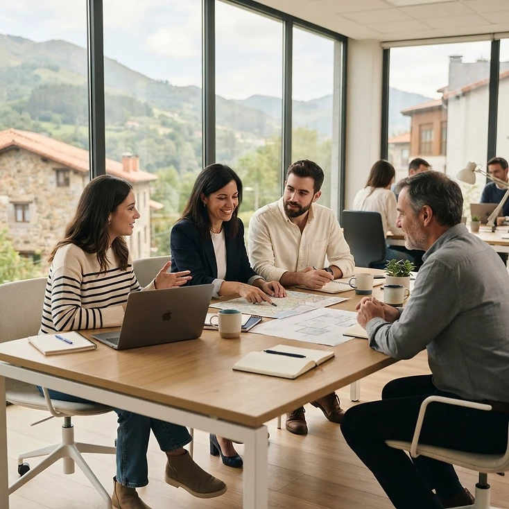 Fotografía de contexto: personas trabajando juntas en una oficina moderna.