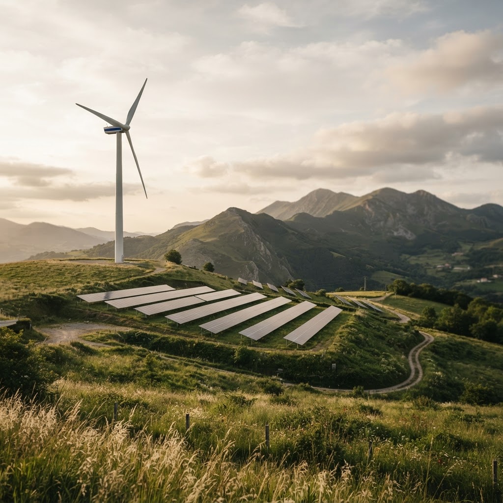 Fotografía de contexto: instalación de energía renovable en un paisaje verde.