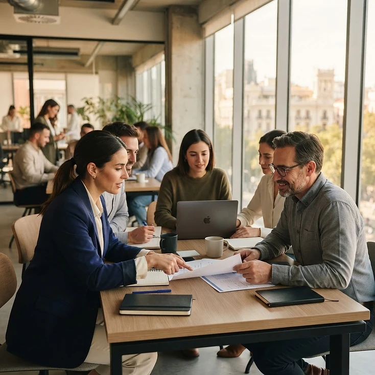 Fotografía de contexto: personas trabajando juntas en una oficina moderna.