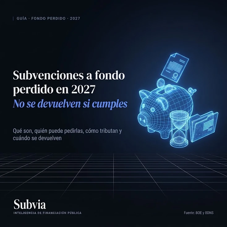 Hucha 3D en azul eléctrico que recibe monedas de un documento oficial: subvenciones a fondo perdido en 2027