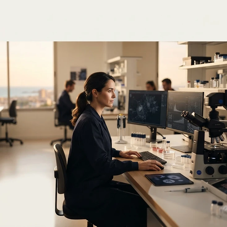 Fotografía de contexto: laboratorio de investigación con pantallas de datos.