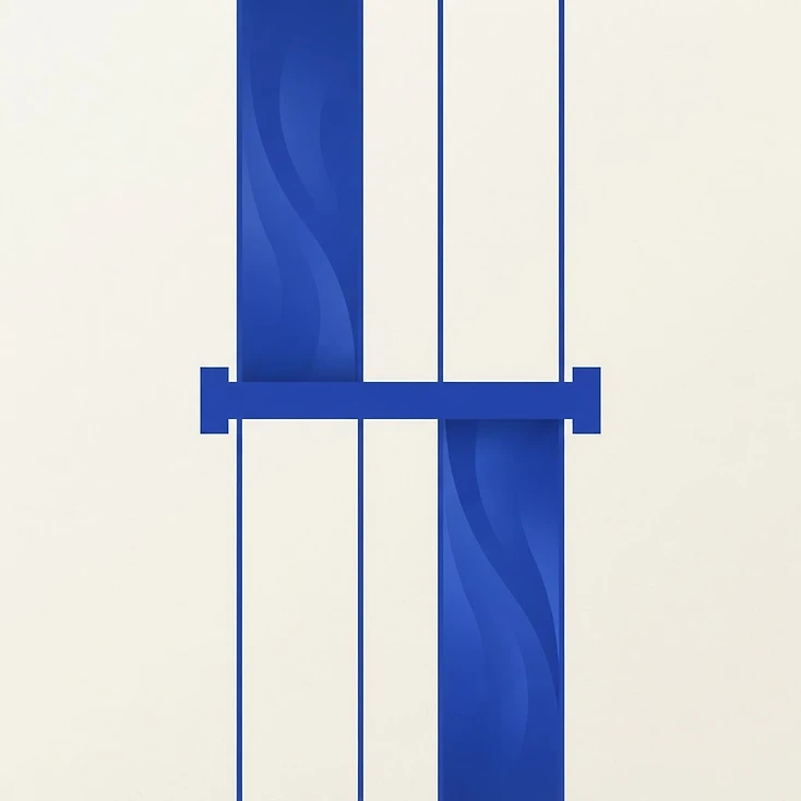 Ilustración abstracta de dos cauces separados por una compuerta cerrada, uno vacío y otro lleno.