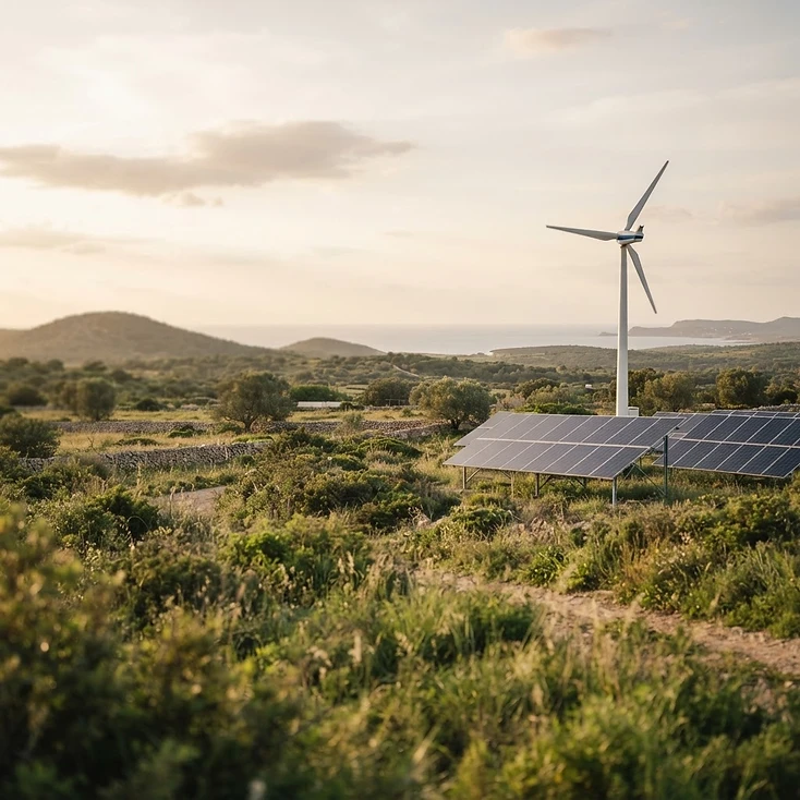 Fotografía de contexto: instalación de energía renovable en un paisaje verde.