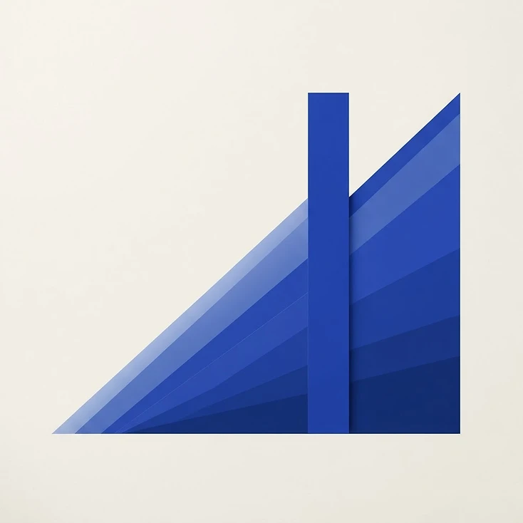 Ilustración abstracta de una línea ascendente detenida por una barra vertical, con el área acumulada bajo ella representada en bandas geométricas.
