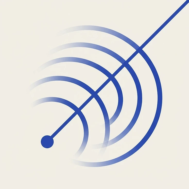 Ilustración abstracta de arcos concéntricos atravesados por una línea vertical continua, en azul cobalto sobre fondo crema.