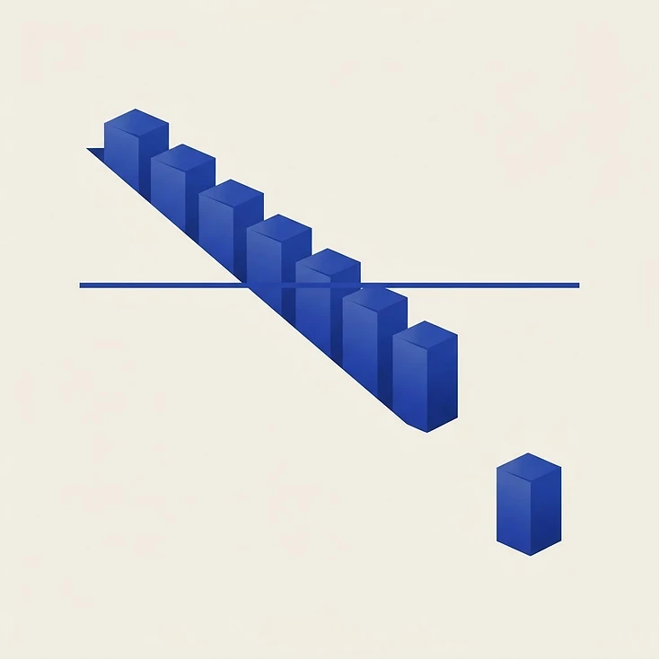 Ilustración abstracta de dos vías de decisión, una con bloques ordenados por altura y cortados por una línea, y otra con un único bloque aislado.