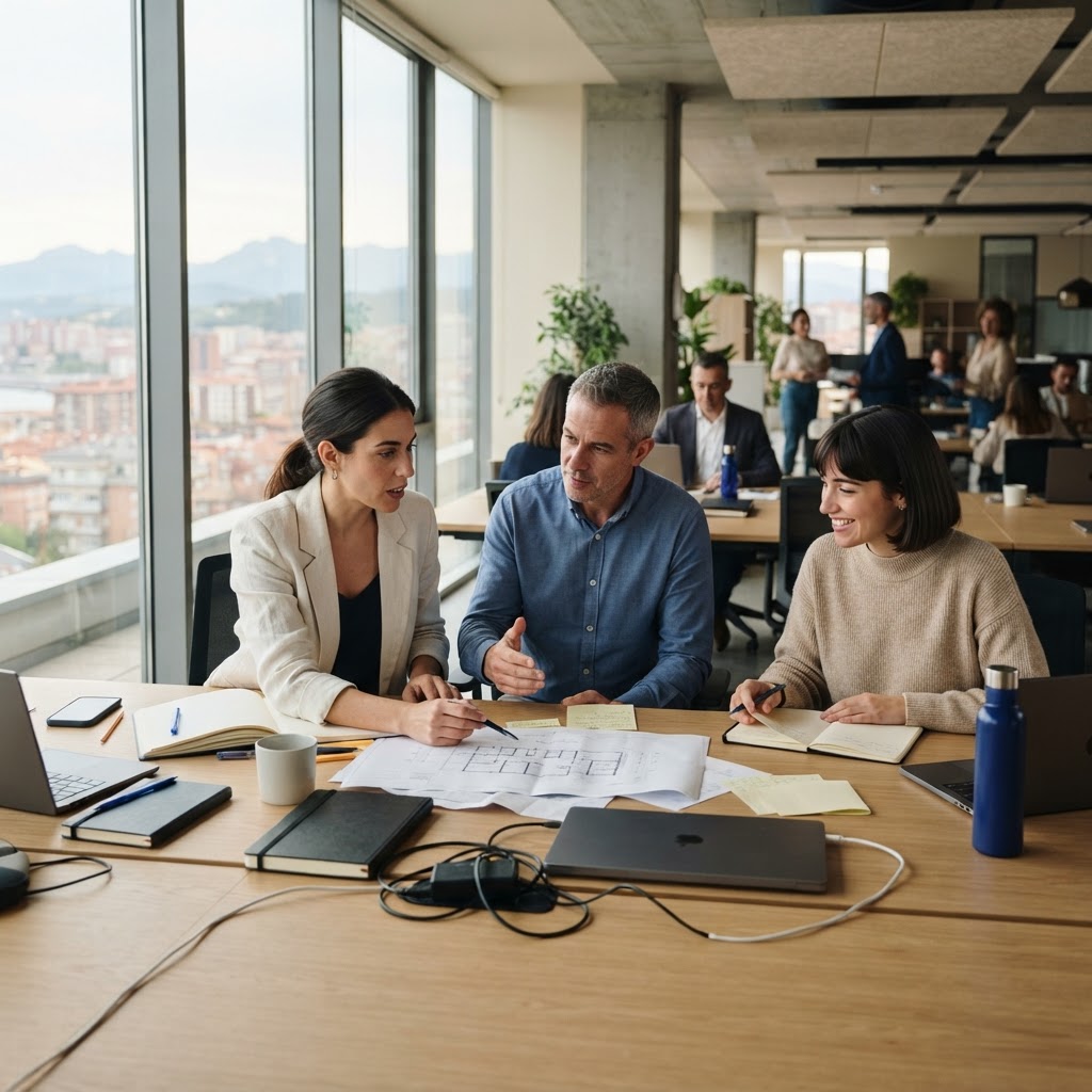 Fotografía de contexto: personas trabajando juntas en una oficina moderna.