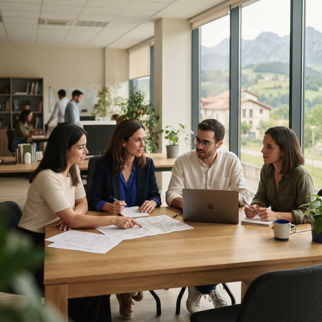 Fotografía de contexto: personas trabajando juntas en una oficina moderna.